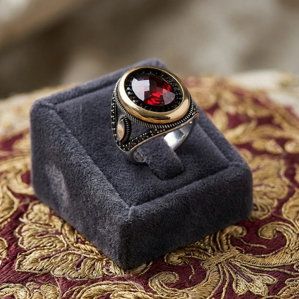 Kırmızı Fasetli Taşlı ve Siyah Zirkon Mıhlamalı Erkek Yüzük