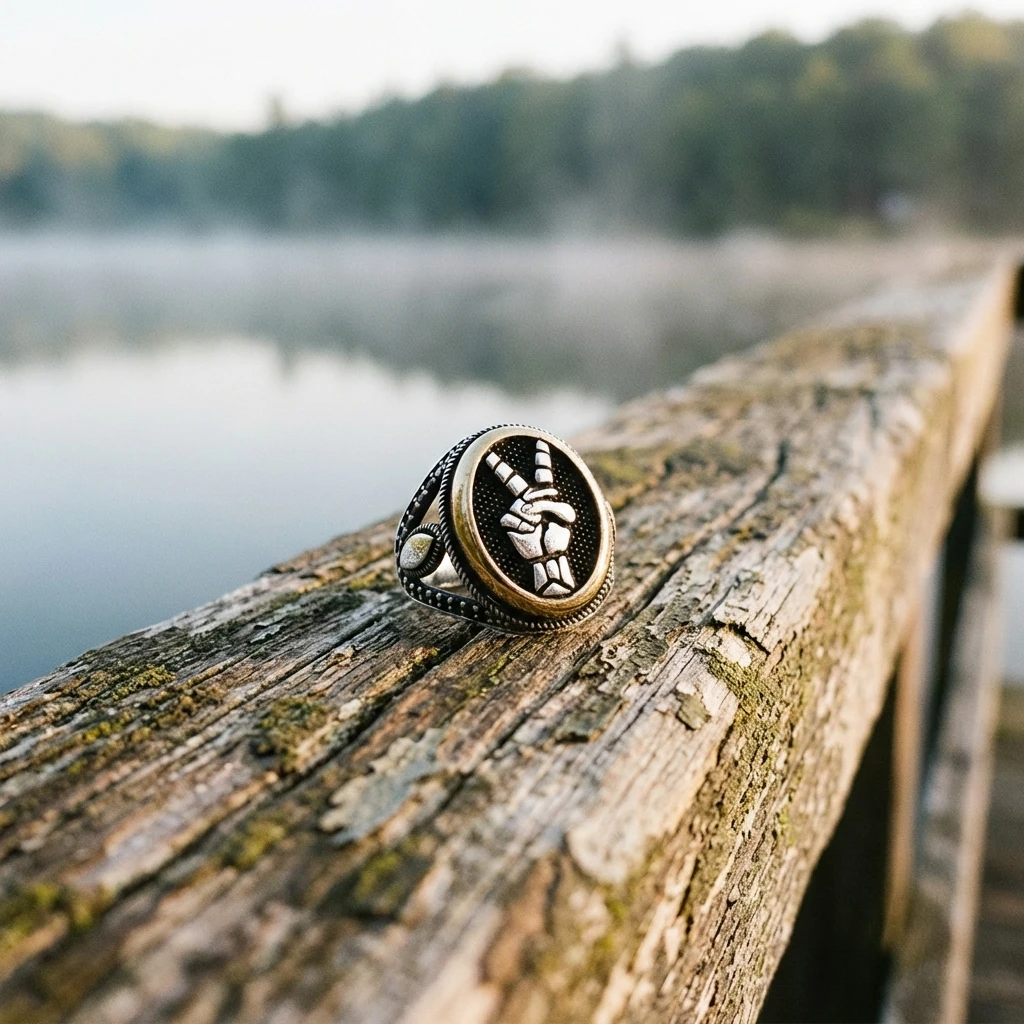 Zafer İşareti Motifli Siyah Mikro Taşlı Erkek Yüzük