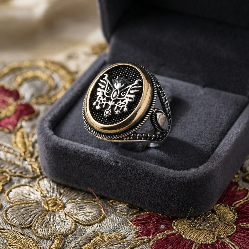 Osmanlı Devlet Arması Motifli Siyah Mikro Taşlı Erkek Yüzük