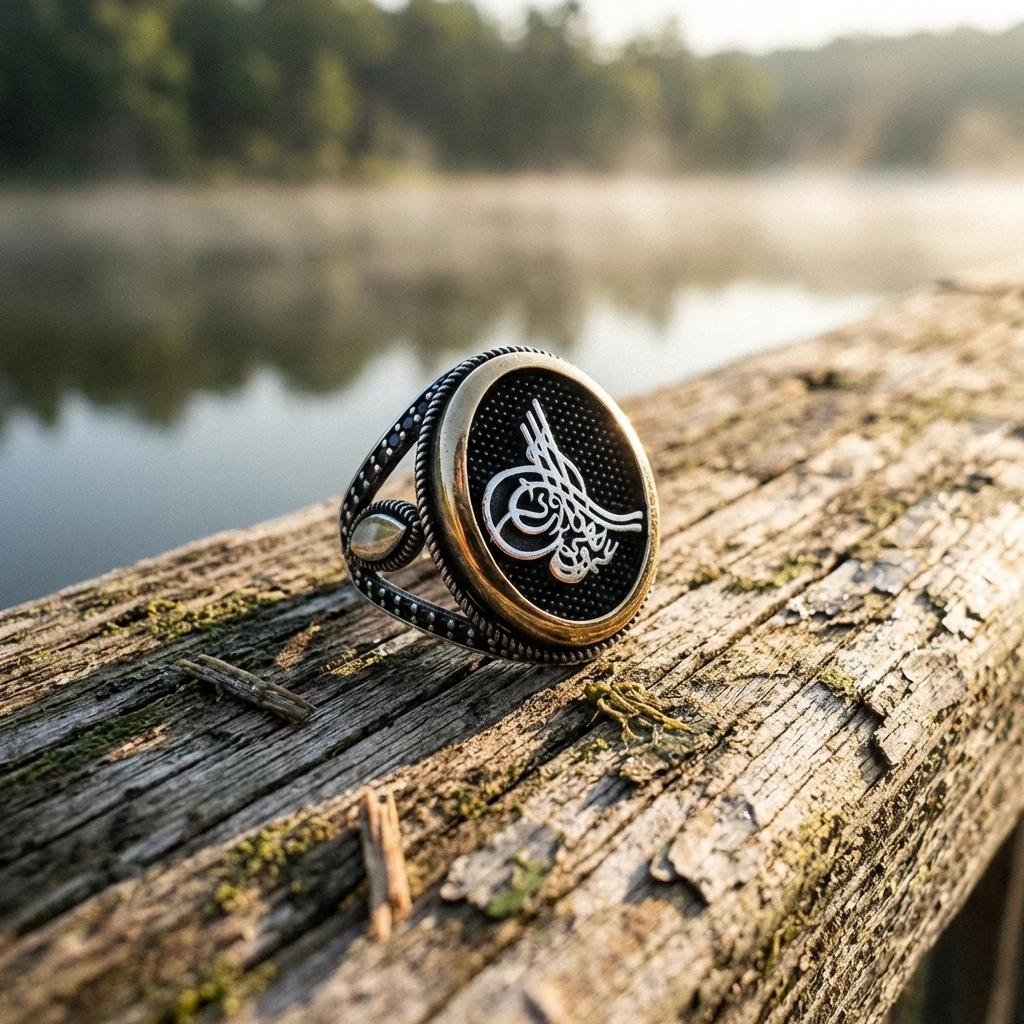 Osmanlı Tuğrası Motifli Siyah Mikro Taşlı Erkek Yüzük