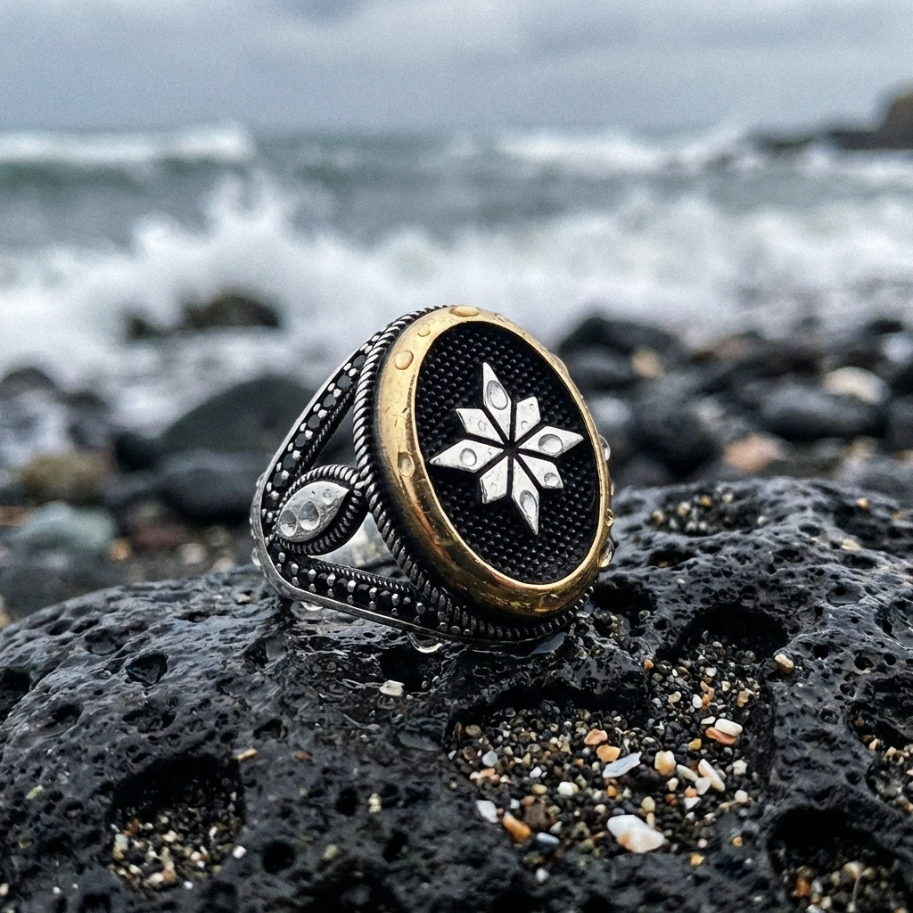 Osmanlı Tuğrası Motifli Siyah Mikro Taşlı Erkek Yüzük