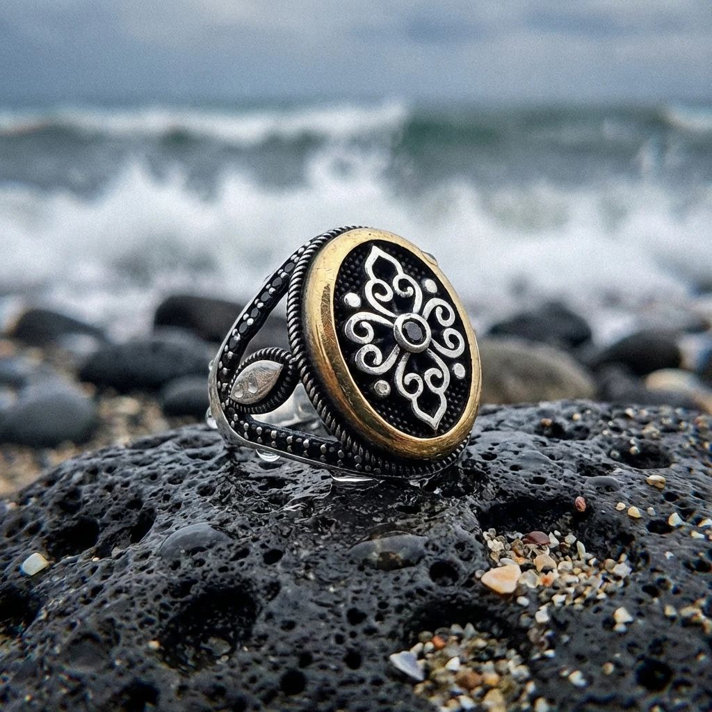 Geleneksel Rumi Motifli Siyah Zirkon Erkek Yüzük