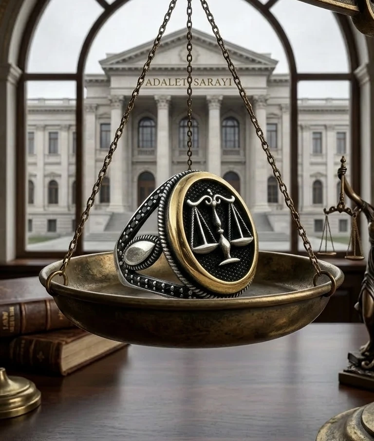 Adalet Terazisi Motifli Siyah Mikro Taşlı Erkek Yüzük