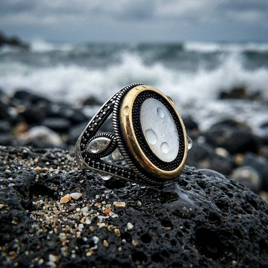 Minimalist Beyaz Mine Detaylı Siyah Mikro Taşlı Erkek Yüzük