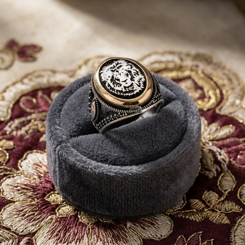 Aslan Başı Figürlü Siyah Mikro Taşlı Erkek Şövalye Yüzüğü