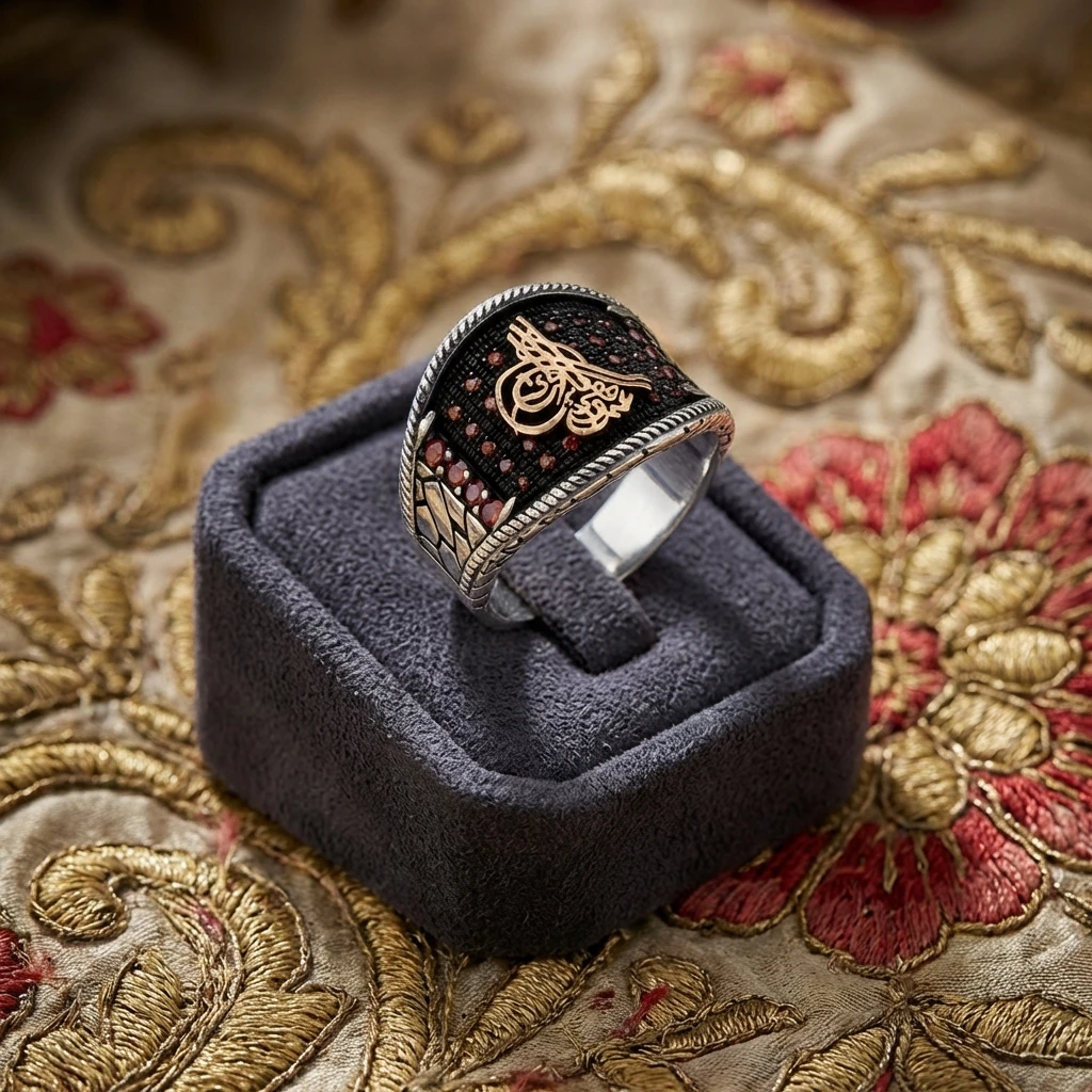 Altın Renkli Osmanlı Tuğrası Gümüş Erkek Yüzüğü