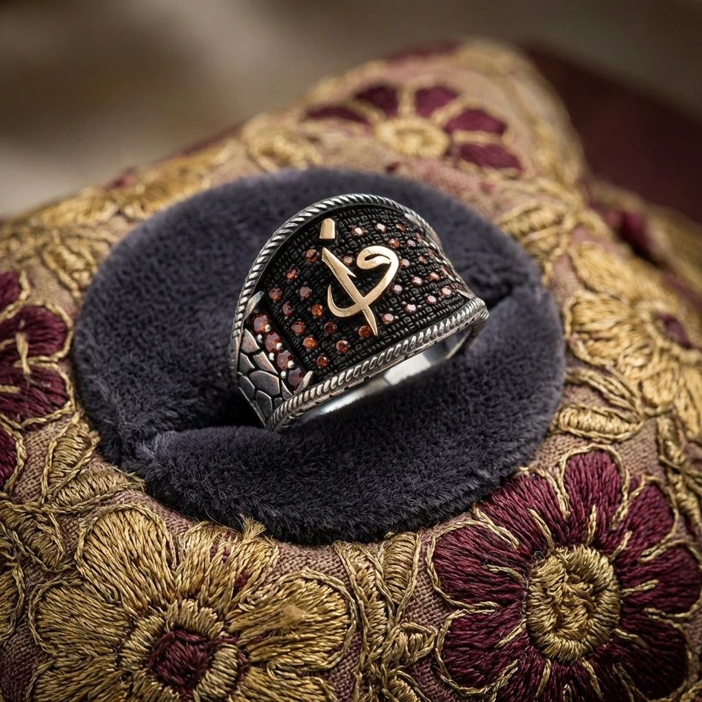 Altın Detaylı Elif Vav Harfli Taşlı Erkek Yüzüğü