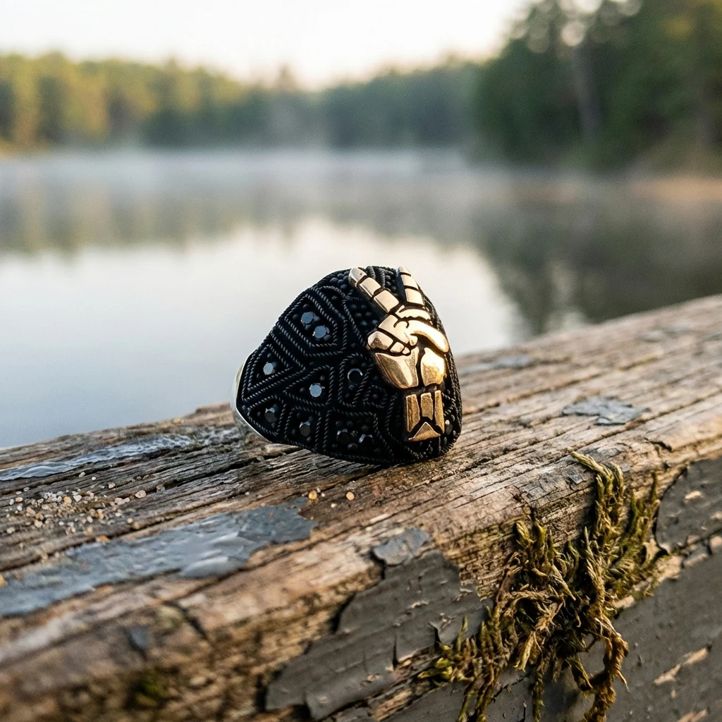 Zafer İşareti El Figürlü Siyah Zirkon Taşlı