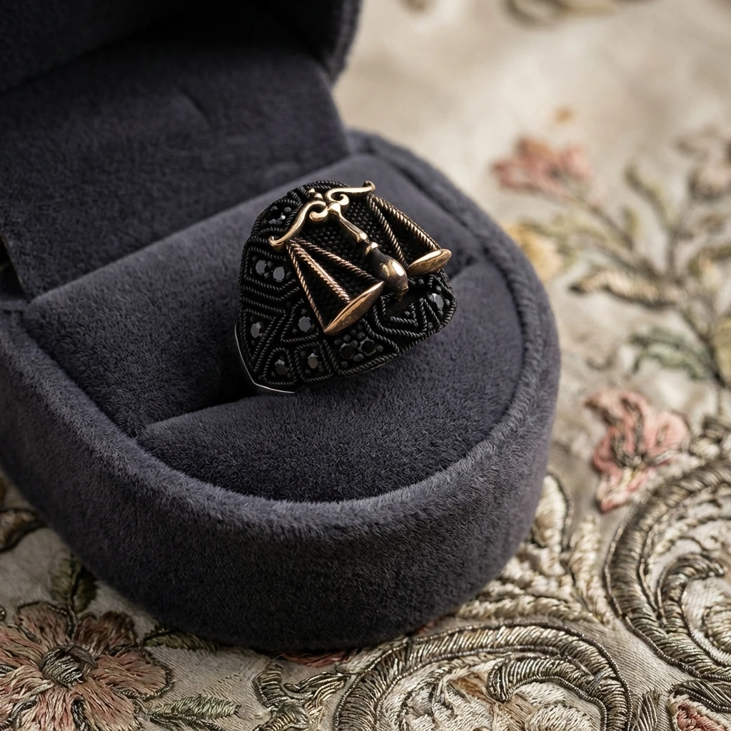 Adalet Terazisi Figürlü Siyah Zirkon Taşlı Gümüş Erkek Yüzük