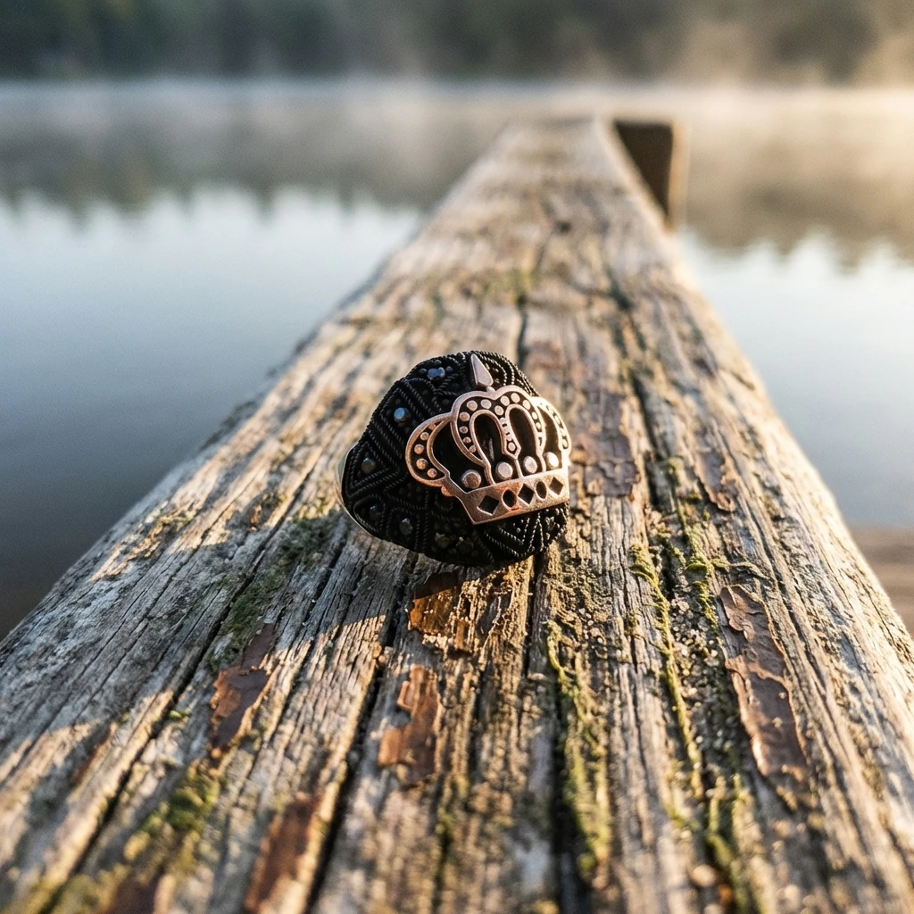 Kral Tacı Figürlü Siyah Zirkon Taşlı Gümüş Erkek Yüzük