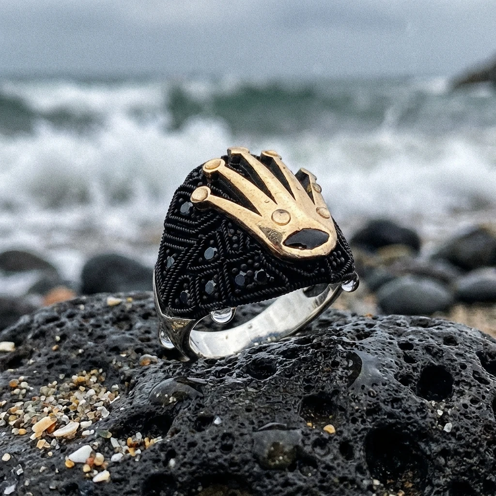 Kral Tacı Figürlü Siyah Zirkon Taşlı Gümüş Erkek Yüzük