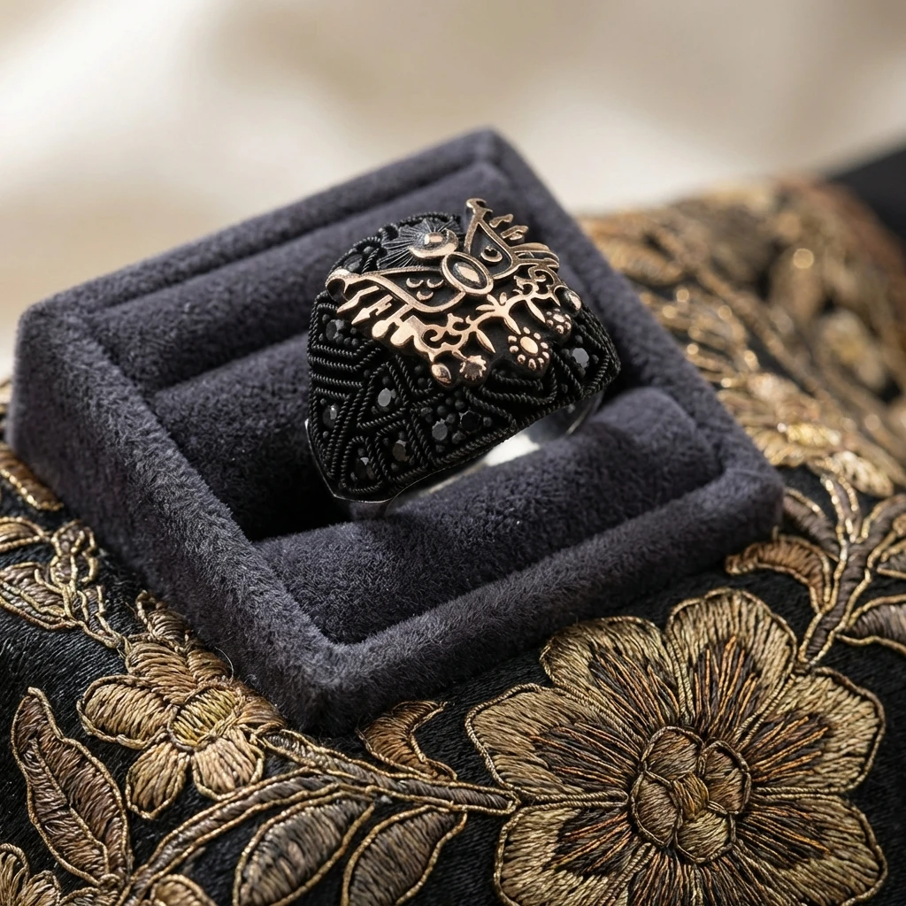 Osmanlı Arması Figürlü Siyah Zirkon Taşlı Gümüş Erkek Yüzük