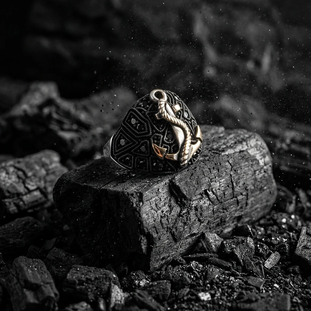 Çapa Figürlü Siyah Zirkon Taşlı Erkek Yüzük