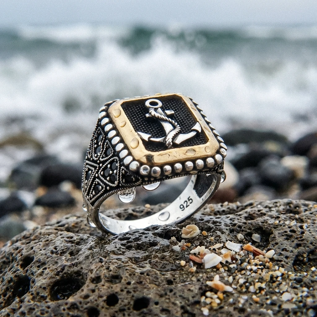 Heybetli Kare Tasarım Siyah Taşlı Çapa Erkek Yüzük