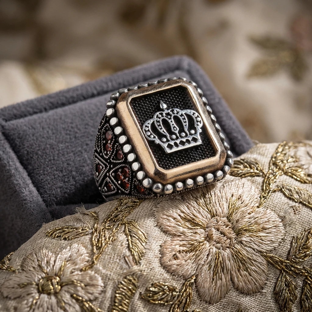 Heybetli Kare Tasarım Kırmızı Taşlı Taç Erkek Yüzük