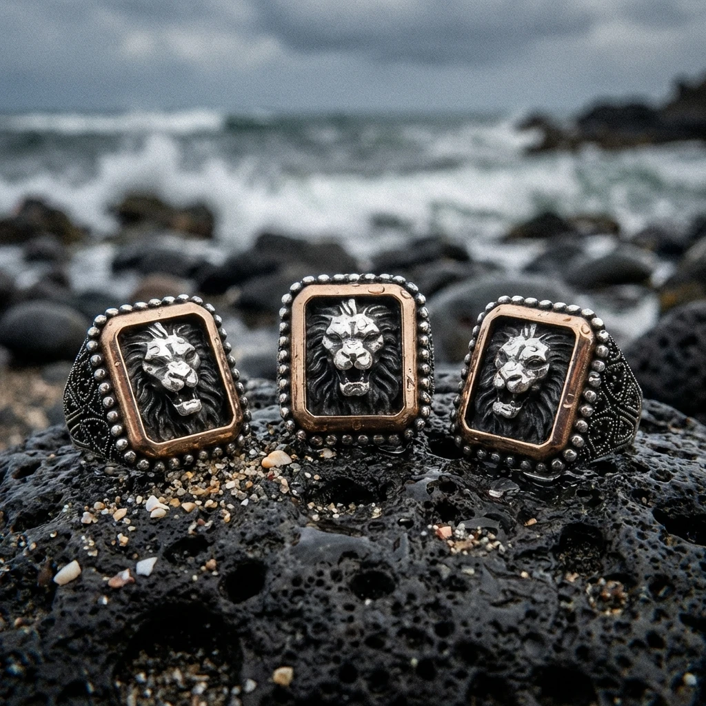 Heybetli Kare Tasarım Siyah Taşlı Aslan Erkek Yüzük
