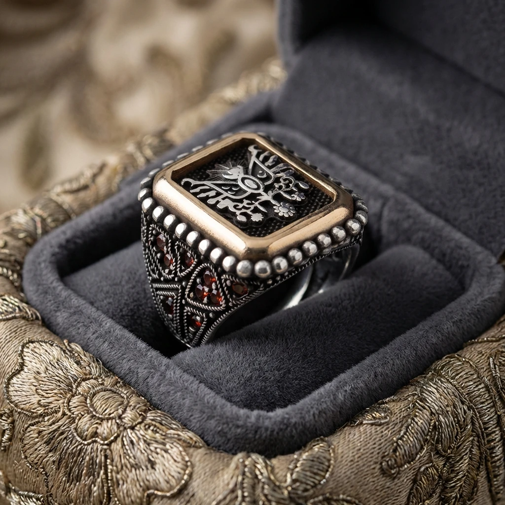 Heybetli Kare Tasarım Kırmızı Taşlı Osmanlı Devlet Arması