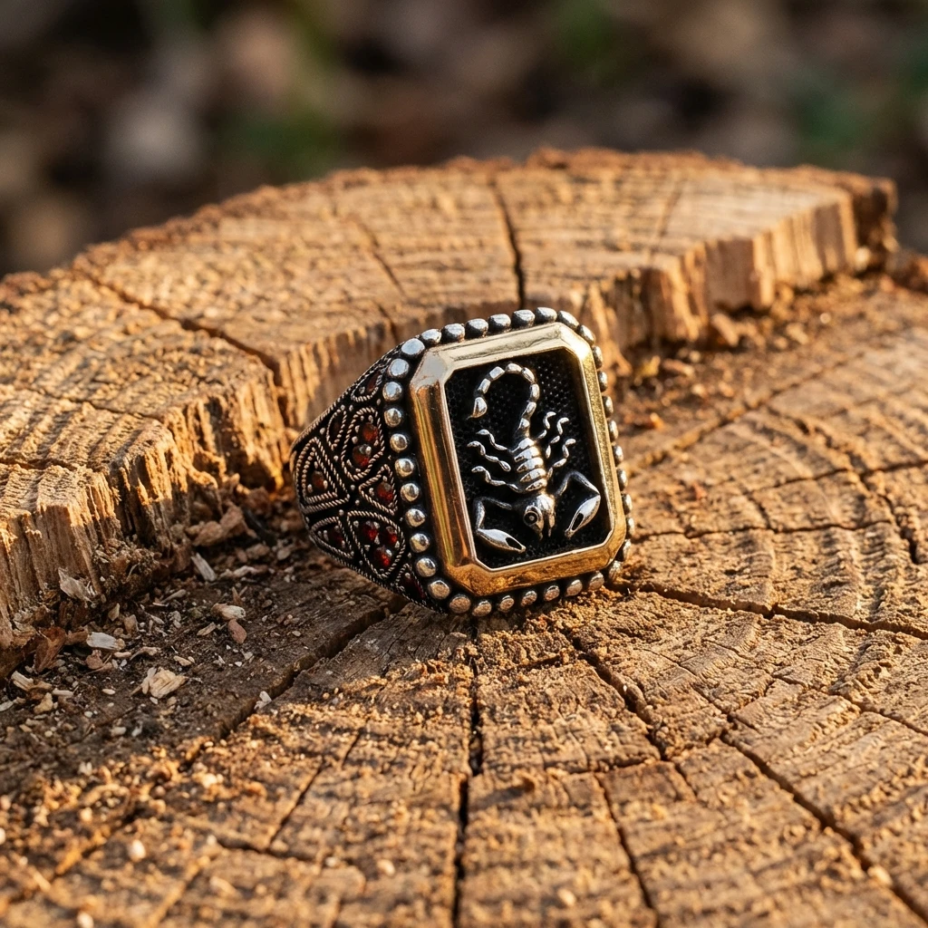 Heybetli Kare Tasarım Kırmızı Taşlı Akrep Erkek Yüzük