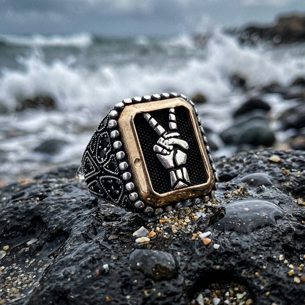 Heybetli Kare Tasarım Siyah Taşlı Zafer İşareti Erkek Yüzük