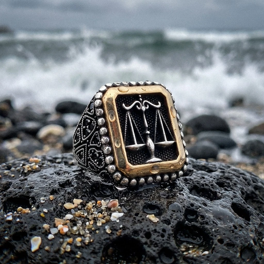 Heybetli Kare Tasarım Siyah Taşlı Adalet Terazisi Erkek Yüzük