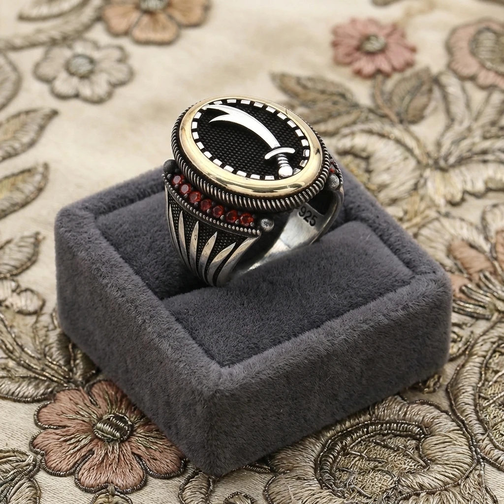 Oval Çerçeve Kasa Zülfikar Kılıcı Figürlü Mikro Taş Gümüş Erkek Yüzüğü