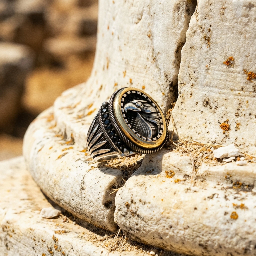 Oval Çerçeve Kasa Kartal Figürlü Mikro Taş Gümüş Erkek Yüzüğü