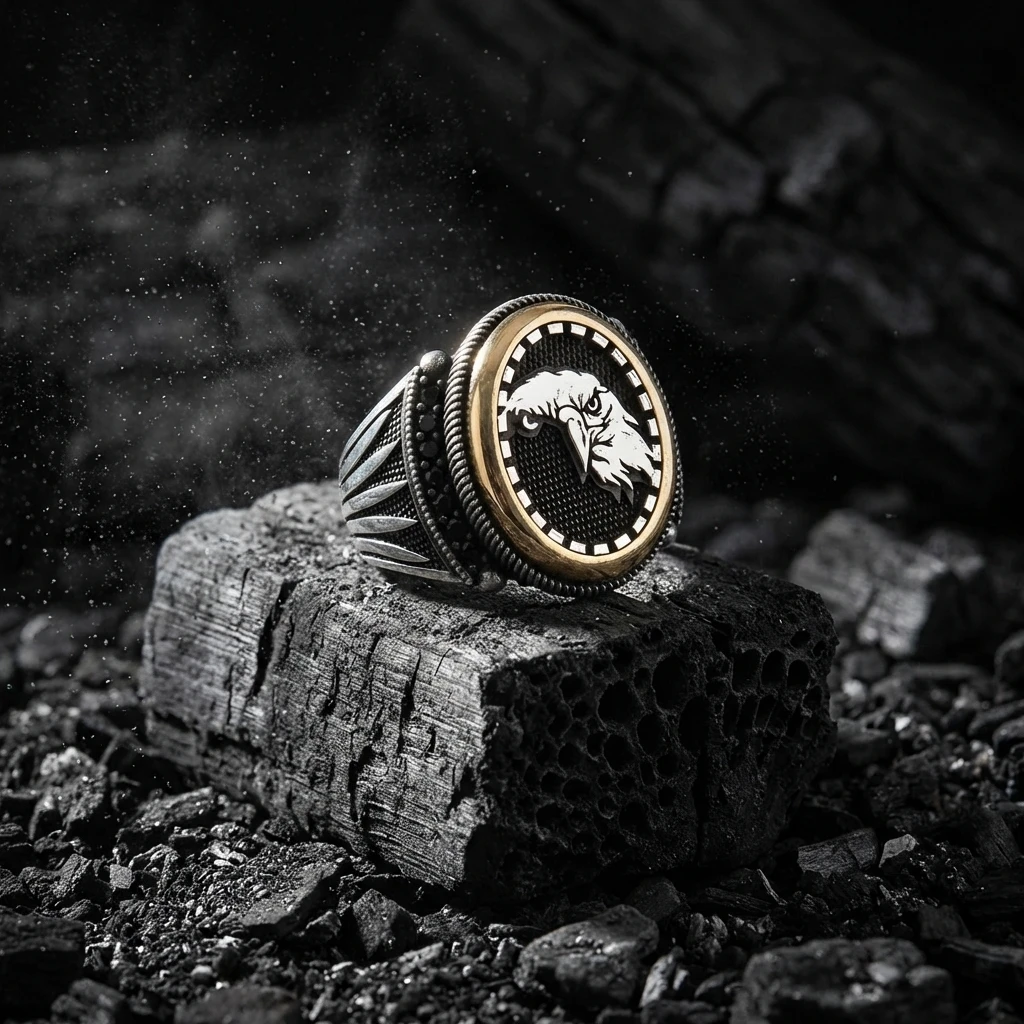 Oval Çerçeve Kartal Figürlü Mikro Taş Gümüş Erkek Yüzüğü