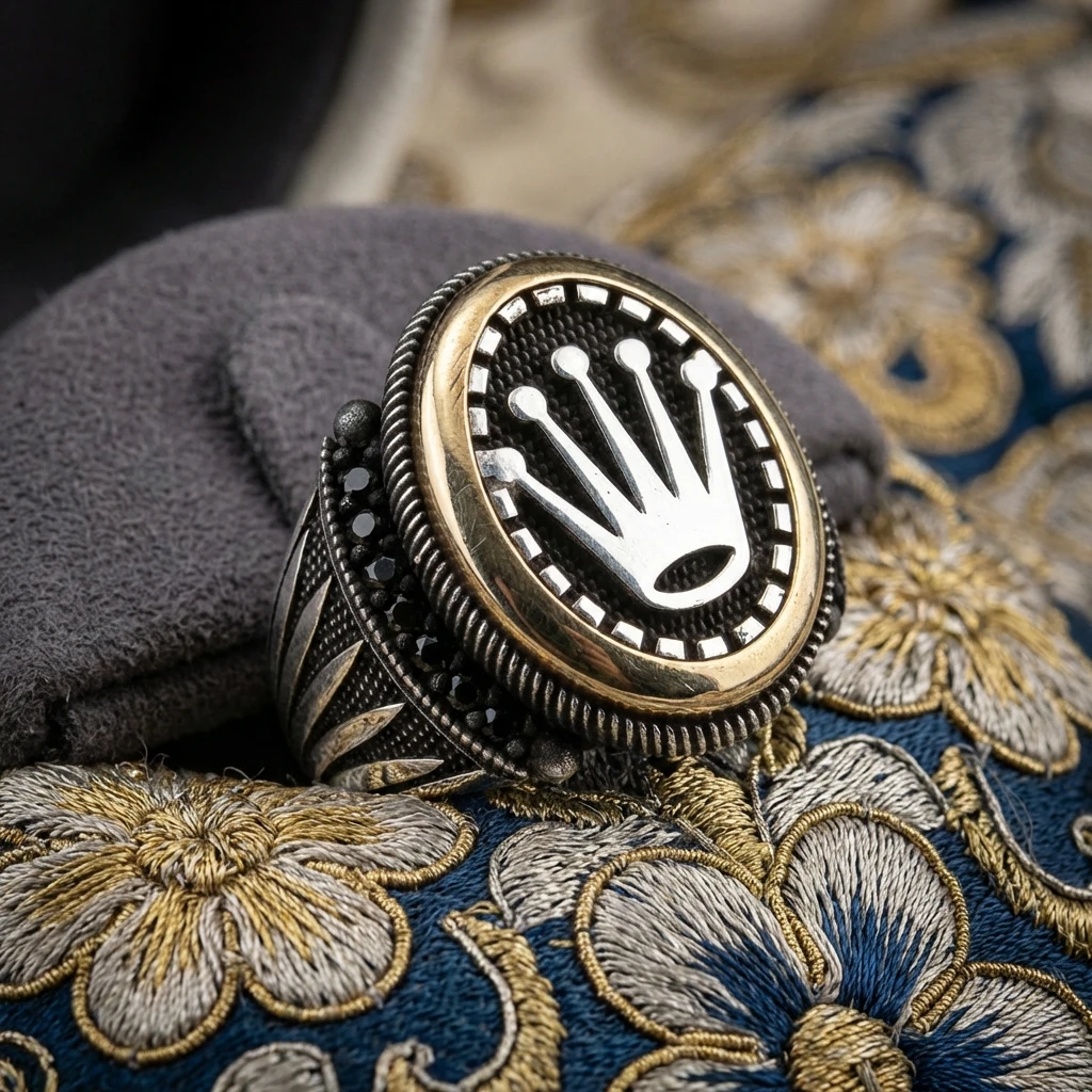 Oval Çerçeve Kasa Rolex Taç Figürlü Mikro Taş Gümüş Erkek Yüzüğü