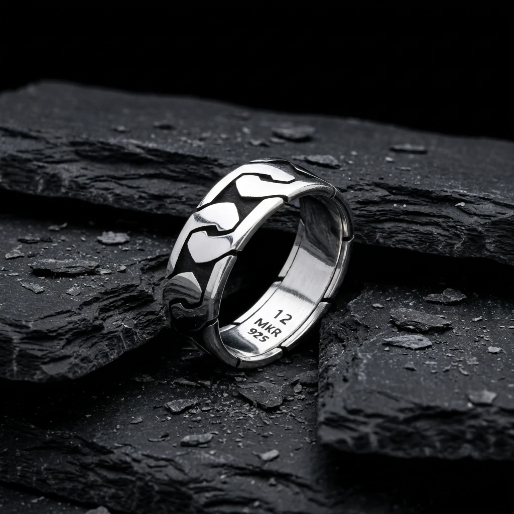 Geometrik Desenli Erkek Gümüş Alyans