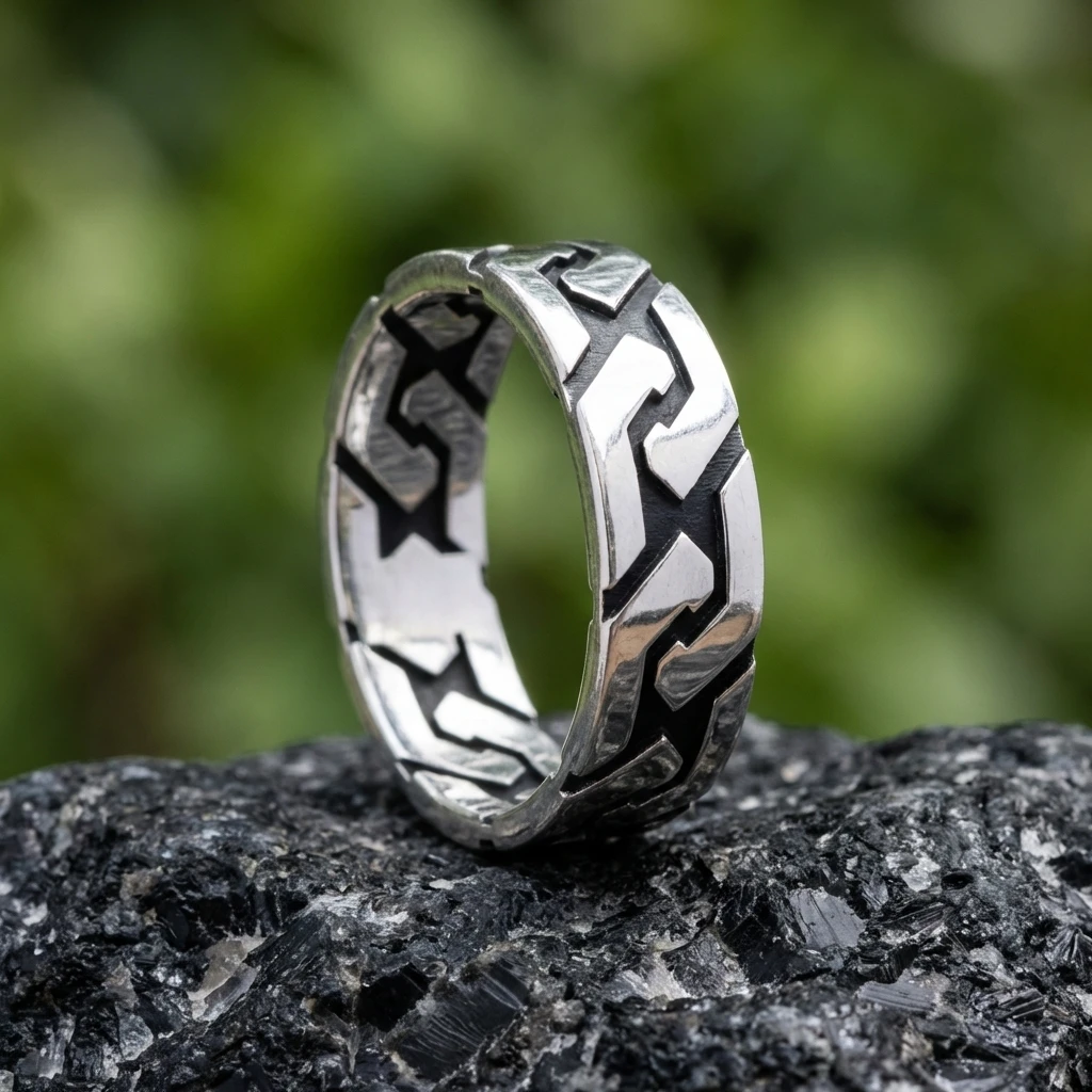 Modern Geometrik Labirent Desenli Gümüş Alyans