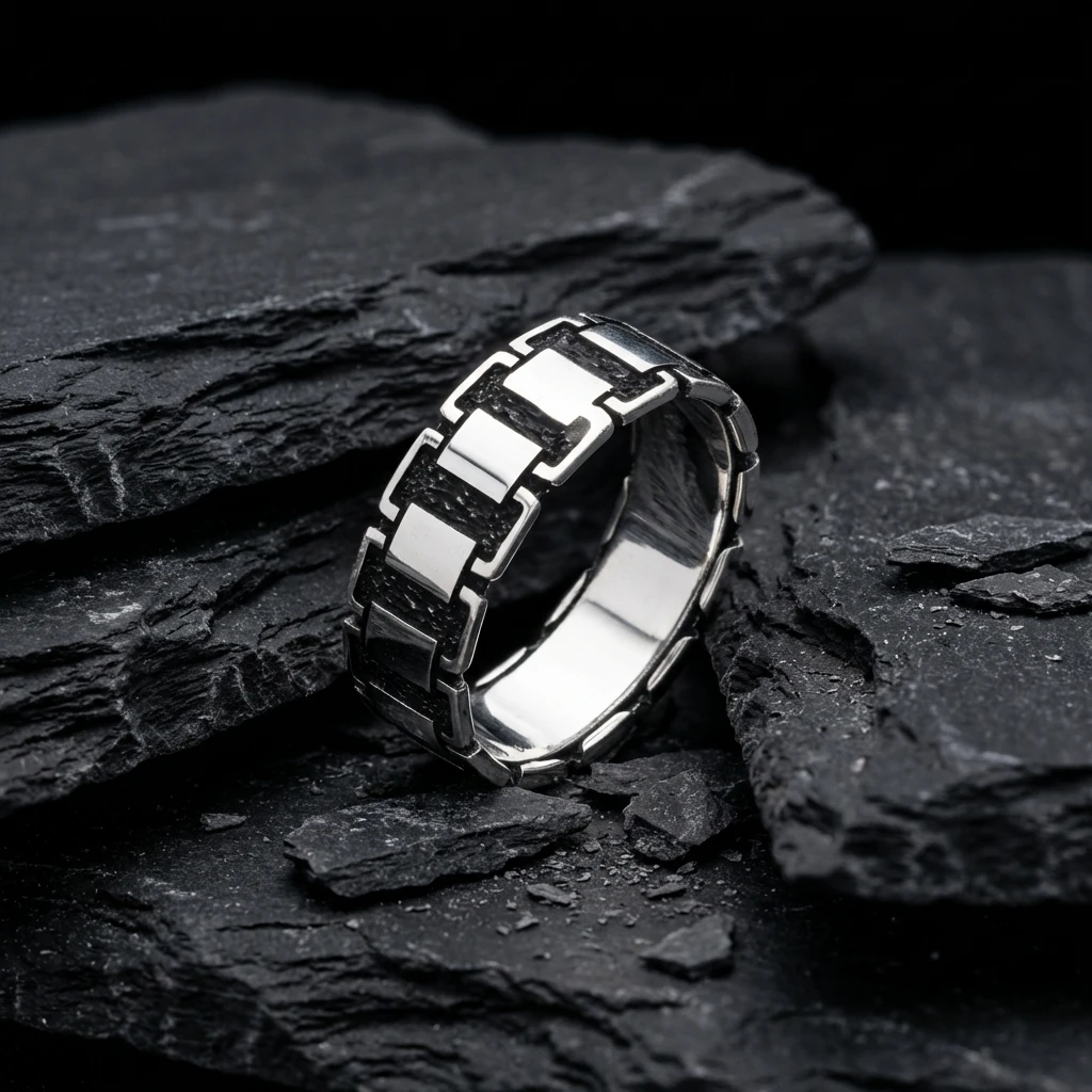 Eskitilmiş Blok Gümüş Alyans