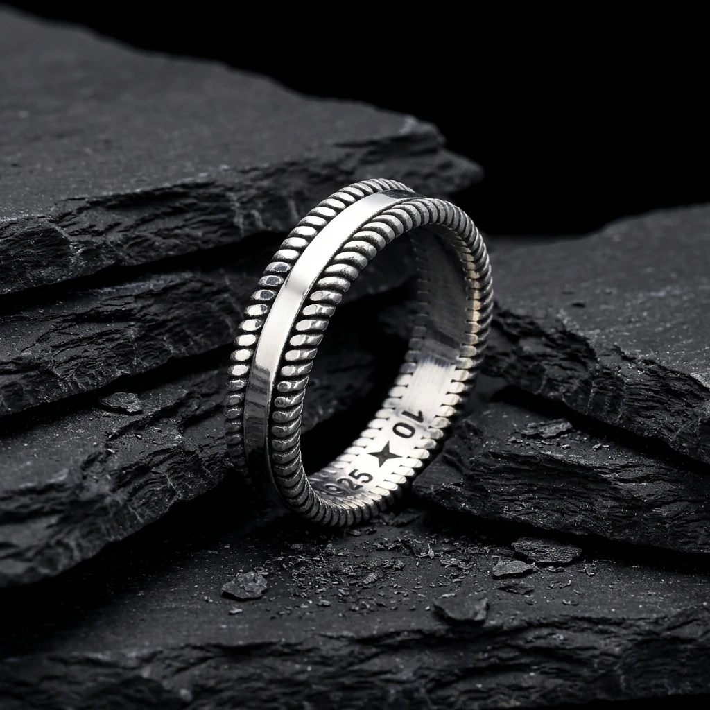 Gümüş Geometrik Zincir Desenli Alyans