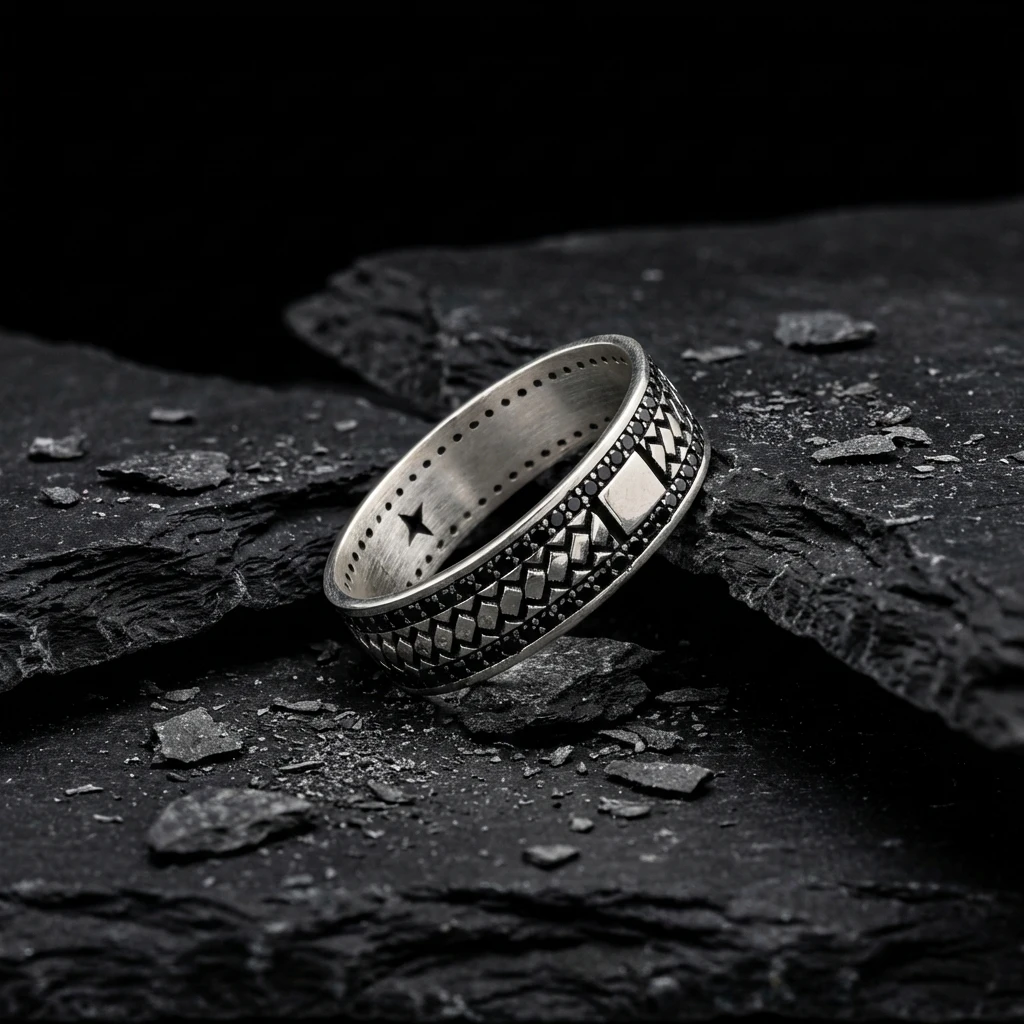 Çift Sıra Siyah Taşlı Hasır Desenli Alyans