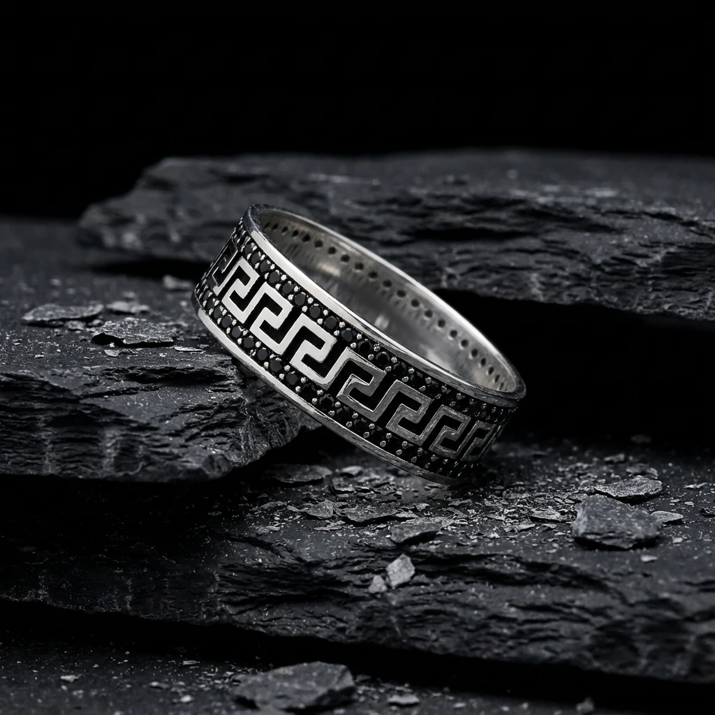 Petek Desenli Siyah Taşlı Alyans