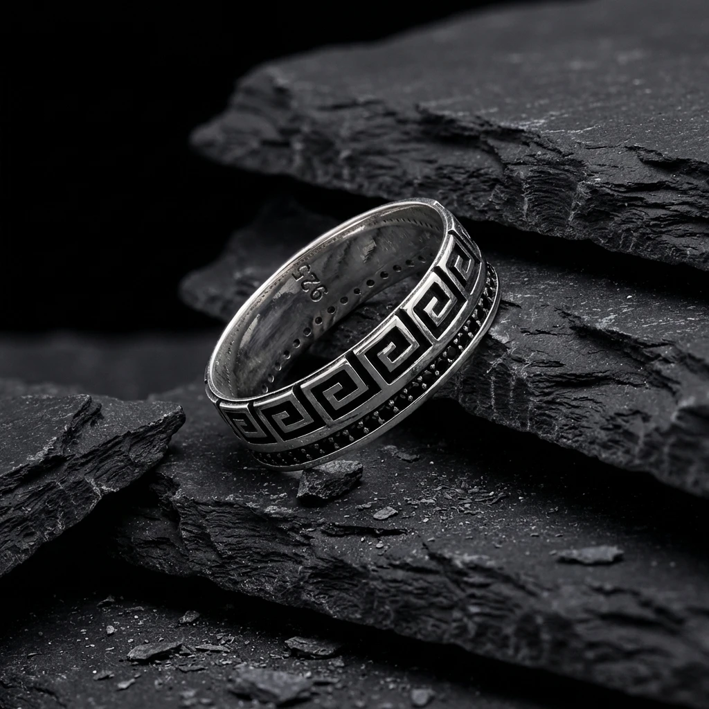 Labirent Desenli ve Siyah Taşlı Tasarım Alyans