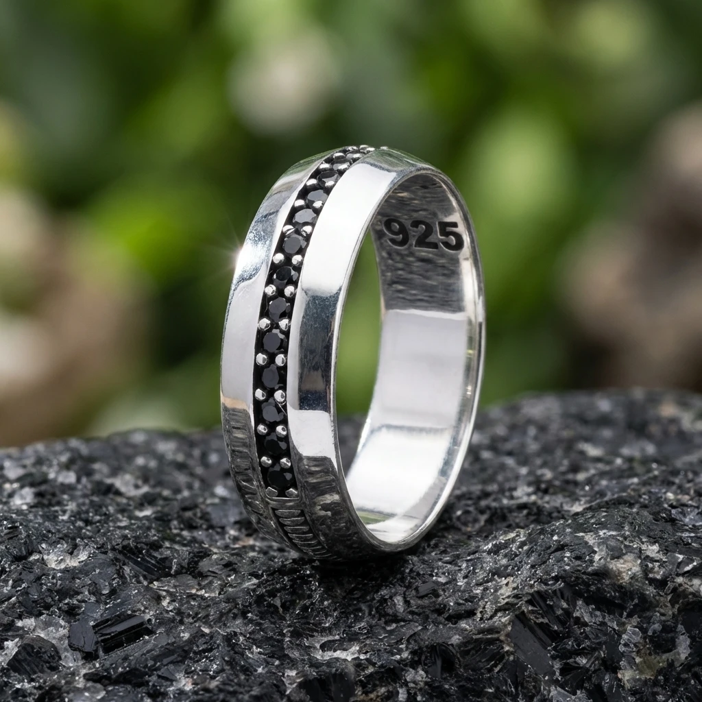 Siyah Zirkon Taşlı Modern Erkek Alyans