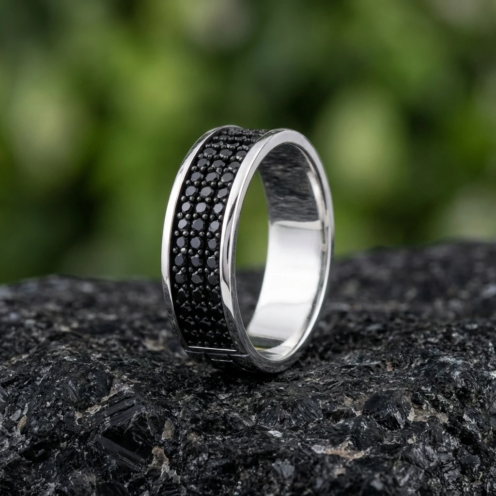 Sıra Siyah Zirkon Taşlı Tamtur Erkek Alyans