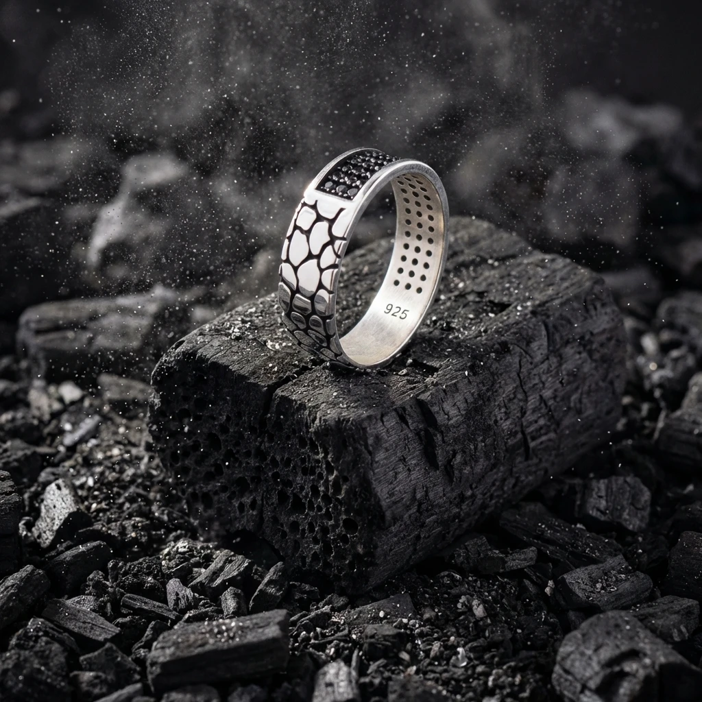 Petek Desenli Siyah Zirkon Taşlı Erkek Alyans