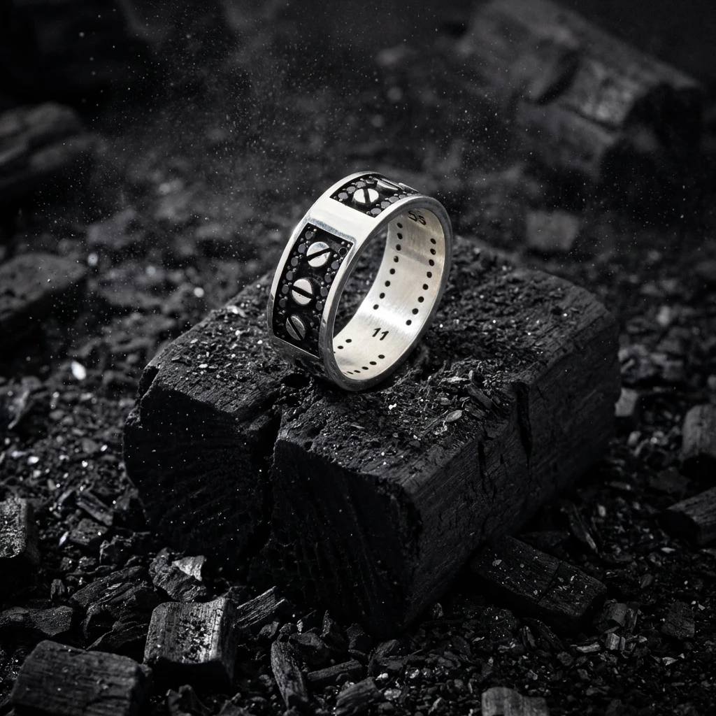 Vida Motifli Siyah Taşlı Erkek Alyans