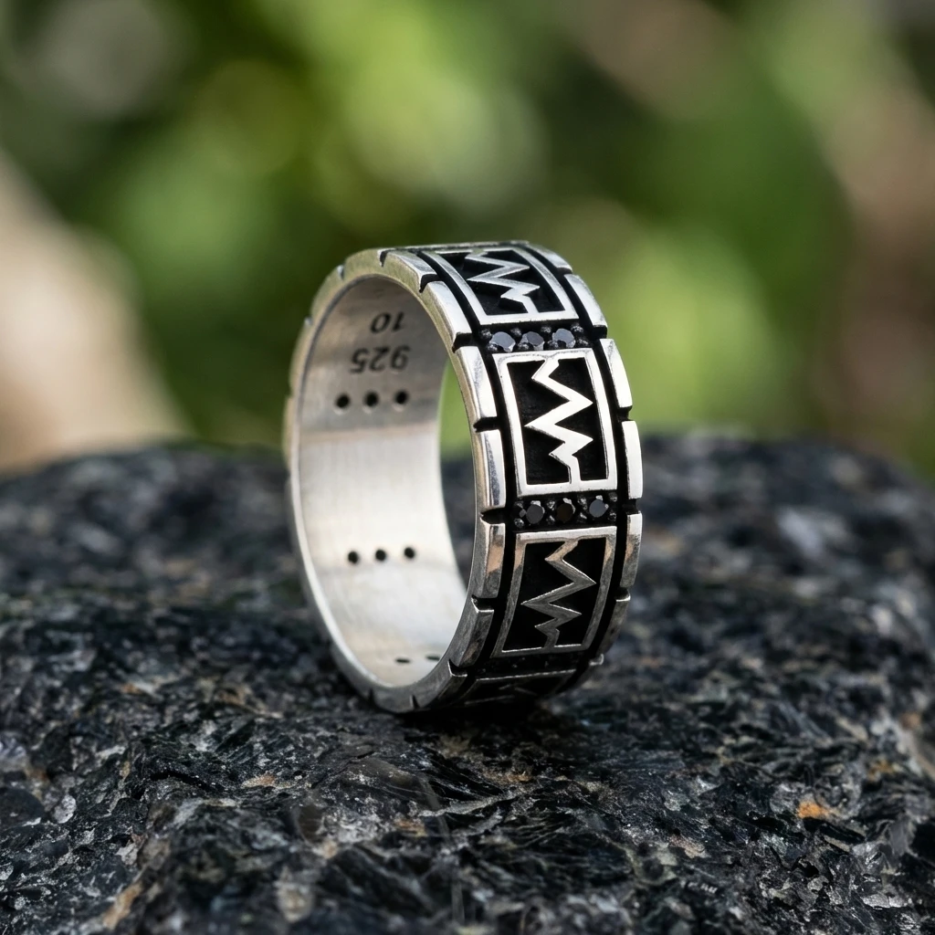 Zikzak Desenli Siyah Taşlı Erkek Alyans