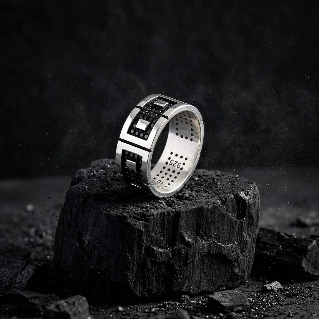 Dikdörtgen Panel Tasarımlı Siyah Taşlı Erkek Alyans