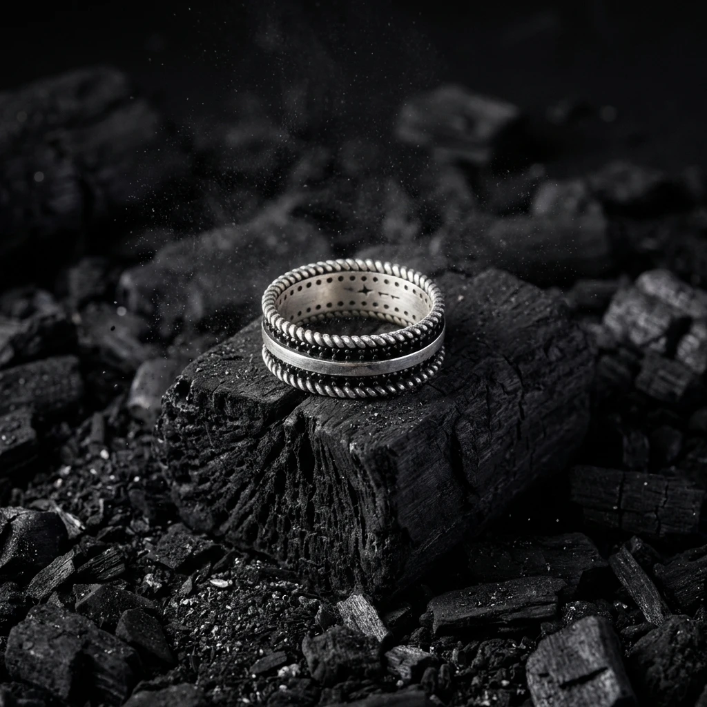 İki Şeritli Burgu ve Siyah Taşlı Erkek Alyans