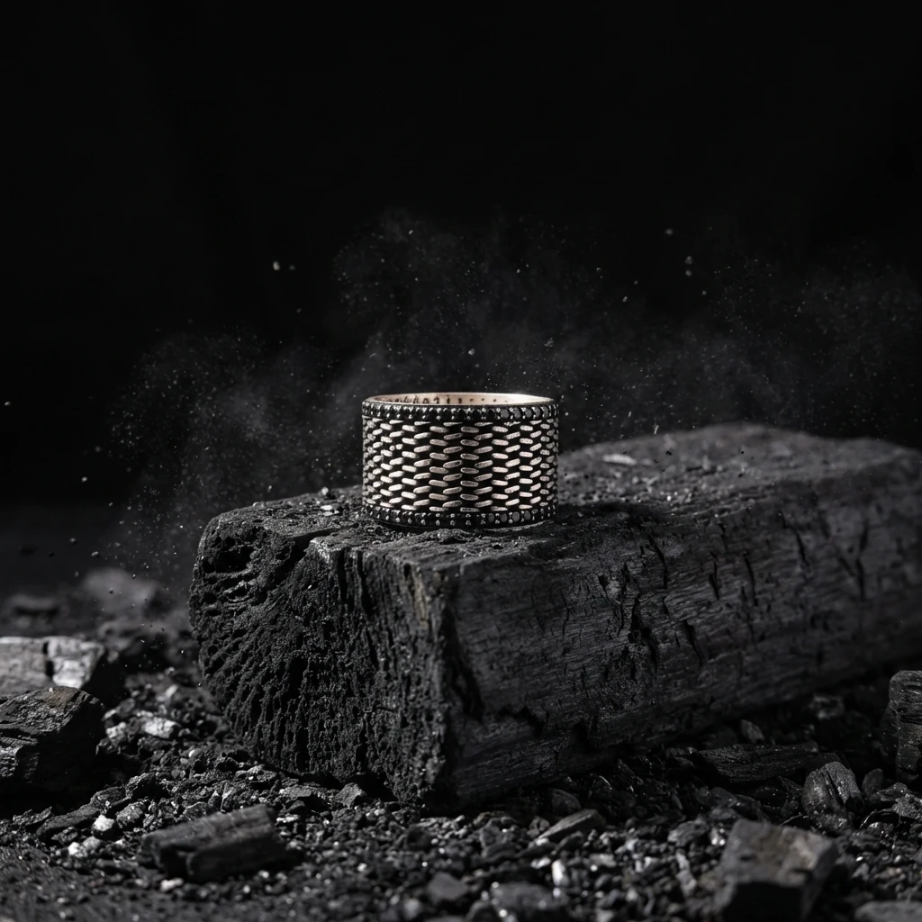 Hasır Desenli ve Siyah Taşlı Geniş Erkek Alyans