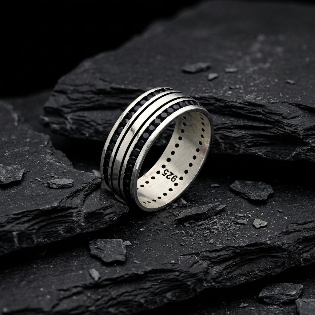 Çift Sıra Siyah Taşlı Erkek Alyans