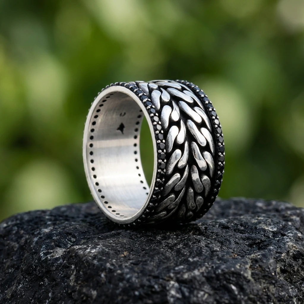 Çift Sıra Zincir Örgü Model Siyah Taşlı Erkek Alyans