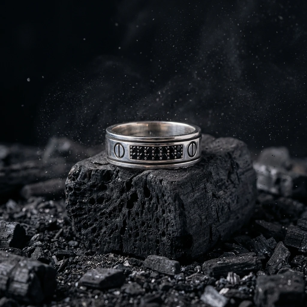 Vida Detaylı Siyah Zirkon Taşlı Erkek Alyans