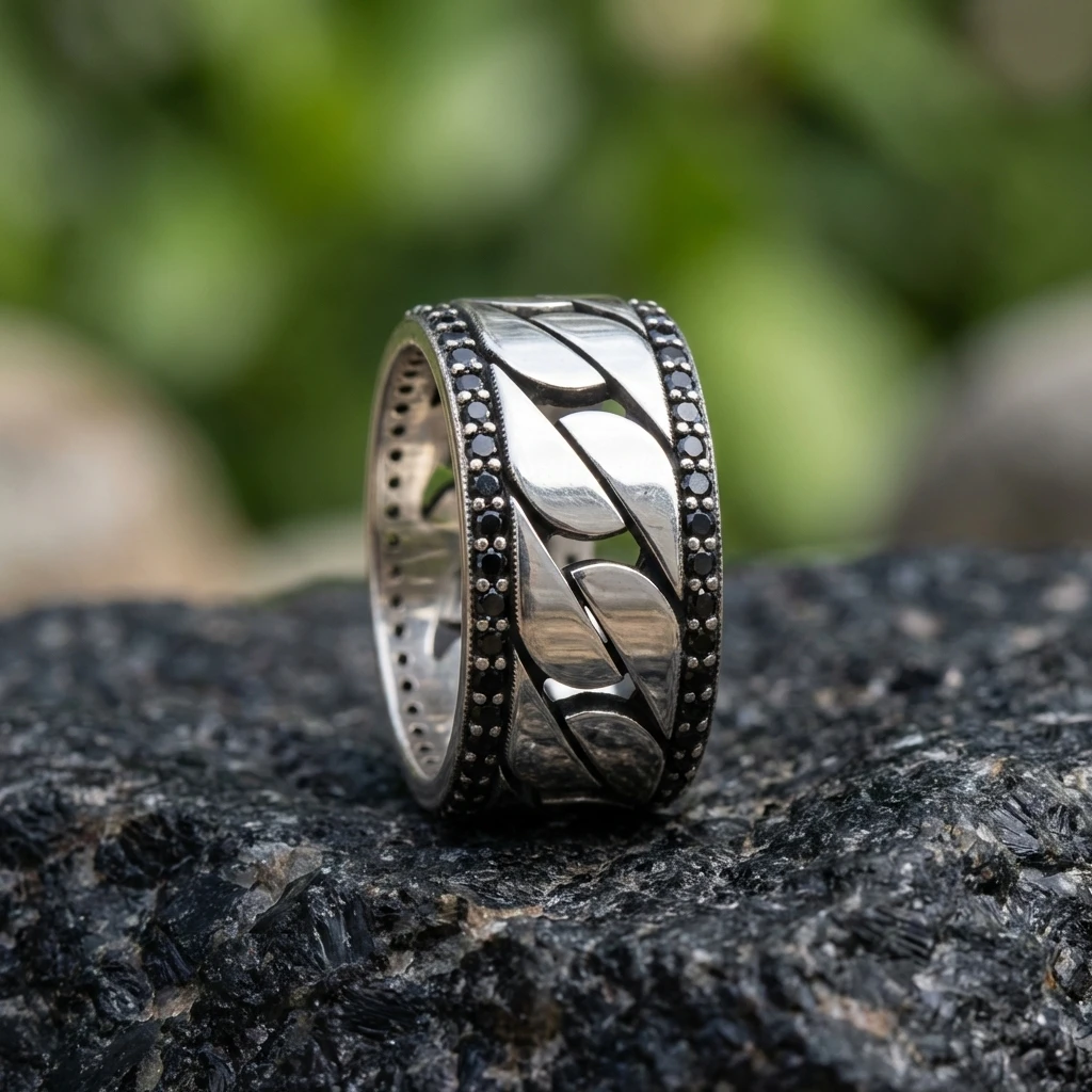 Zincir Desenli Siyah Zirkon Taşlı Erkek Alyans