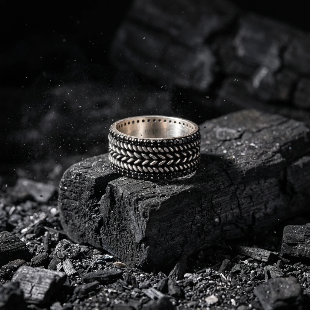 Başak Desenli Siyah Zirkon Taşlı Erkek Alyans