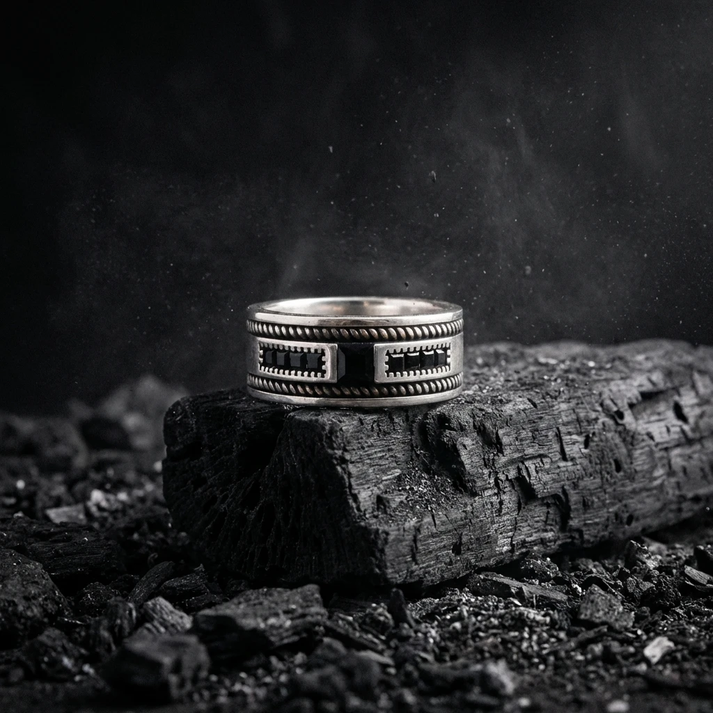 Kare Siyah Taşlı ve Halat Desenli Erkek Alyans