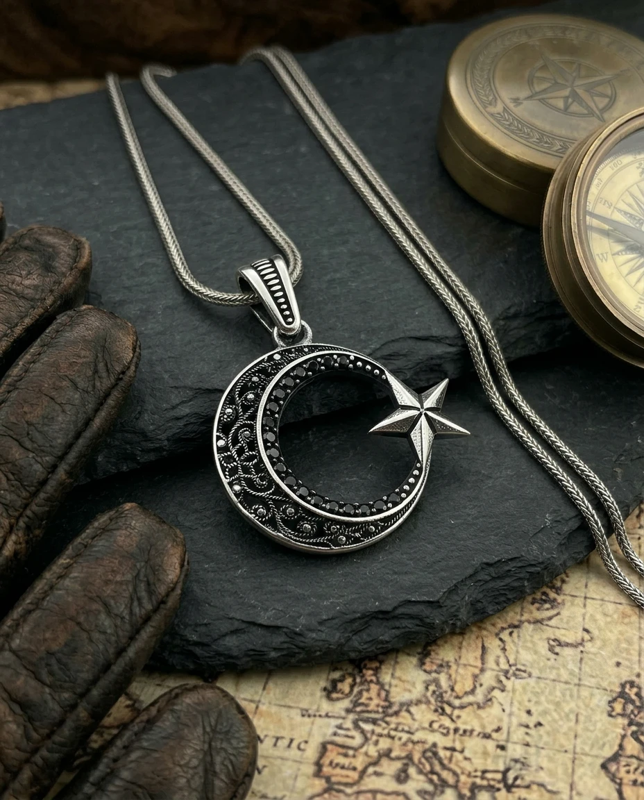 Telkari İşlemeli Kırmızı Taşlı Ay Yıldız Kolye Ucu